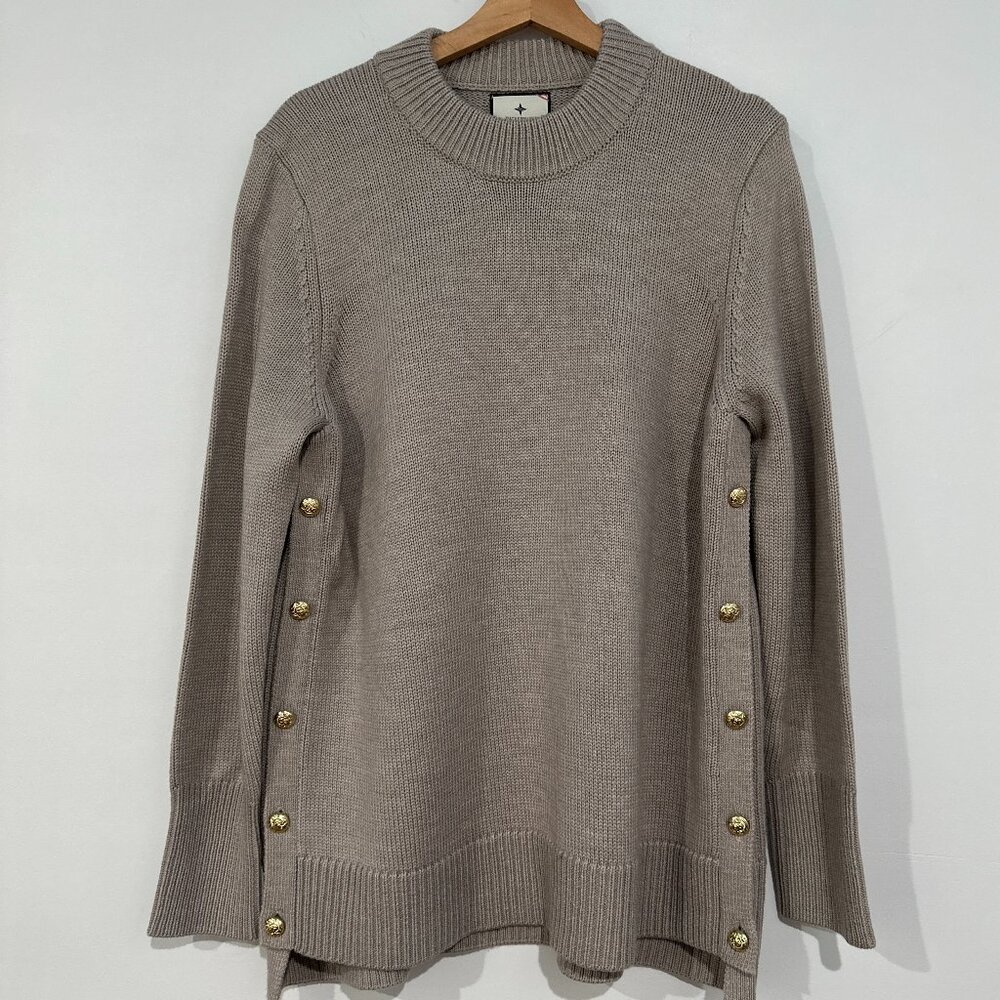 Tuckernuck Bexley Crew Sweater Wool Gold Buttons Gray/Brown